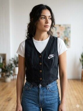 Y2K Nike Black Cropped Denim Vest with Embroidered Logo
